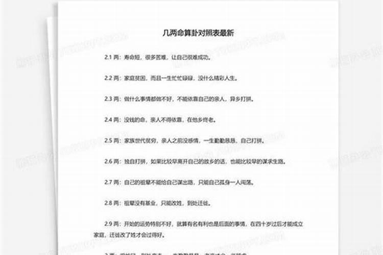 几两命算卦对照表最新2020